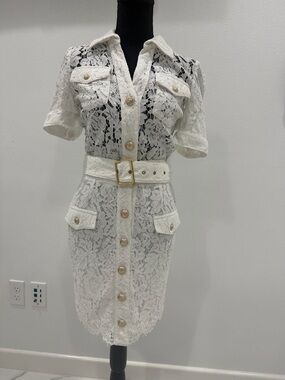 Generation Love White Lace Button-Front Mini Dress with Belt